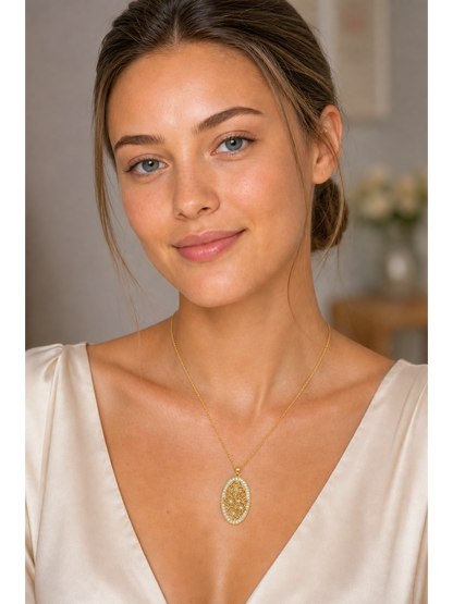 Gold Plated Oval Floral Filigree Pendant Necklace 2