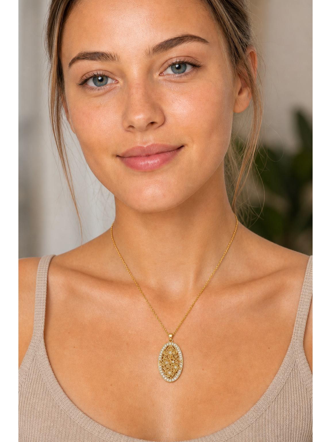 Gold Plated Oval Floral Filigree Pendant Necklace 3