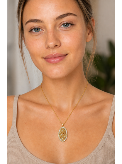 Gold Plated Oval Floral Filigree Pendant Necklace 3