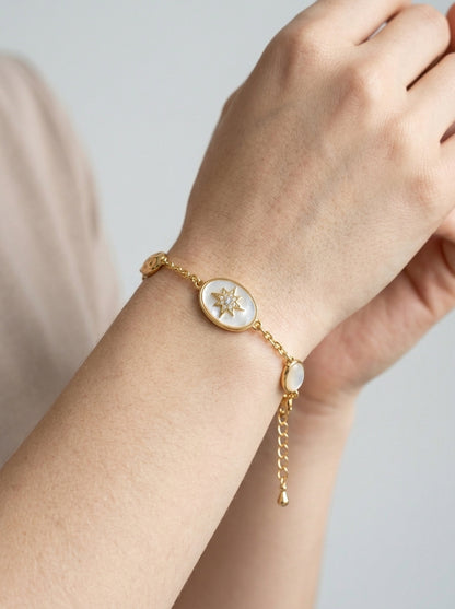 Gold Plated Oval Stone Link Bracelet with Adjustable Lobster Clasp 3
