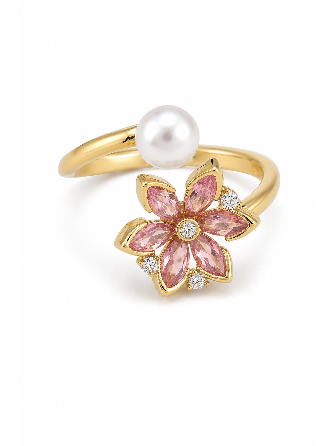 Gold Plated Pink Floral Pearl Open Ring 1