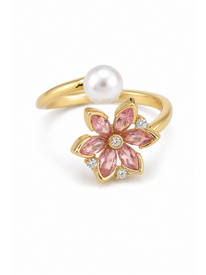 Gold Plated Pink Floral Pearl Open Ring 1