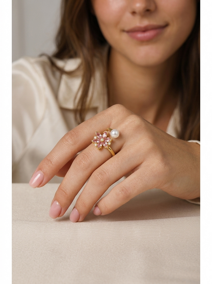 Gold Plated Pink Floral Pearl Open Ring 2
