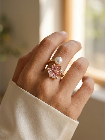 Gold Plated Pink Floral Pearl Open Ring 3