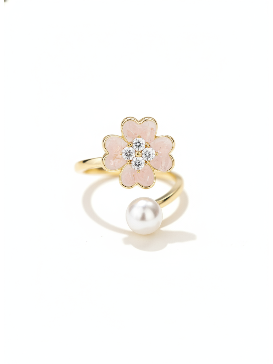 Gold Plated Pink Flower Open Ring with Pearl Accent 1
