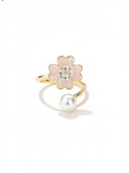Gold Plated Pink Flower Open Ring with Pearl Accent 1