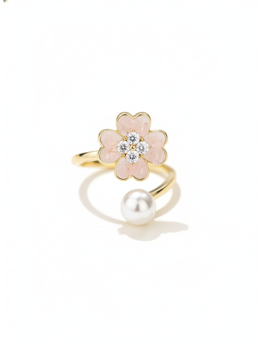 Gold Plated Pink Flower Open Ring with Pearl Accent 1