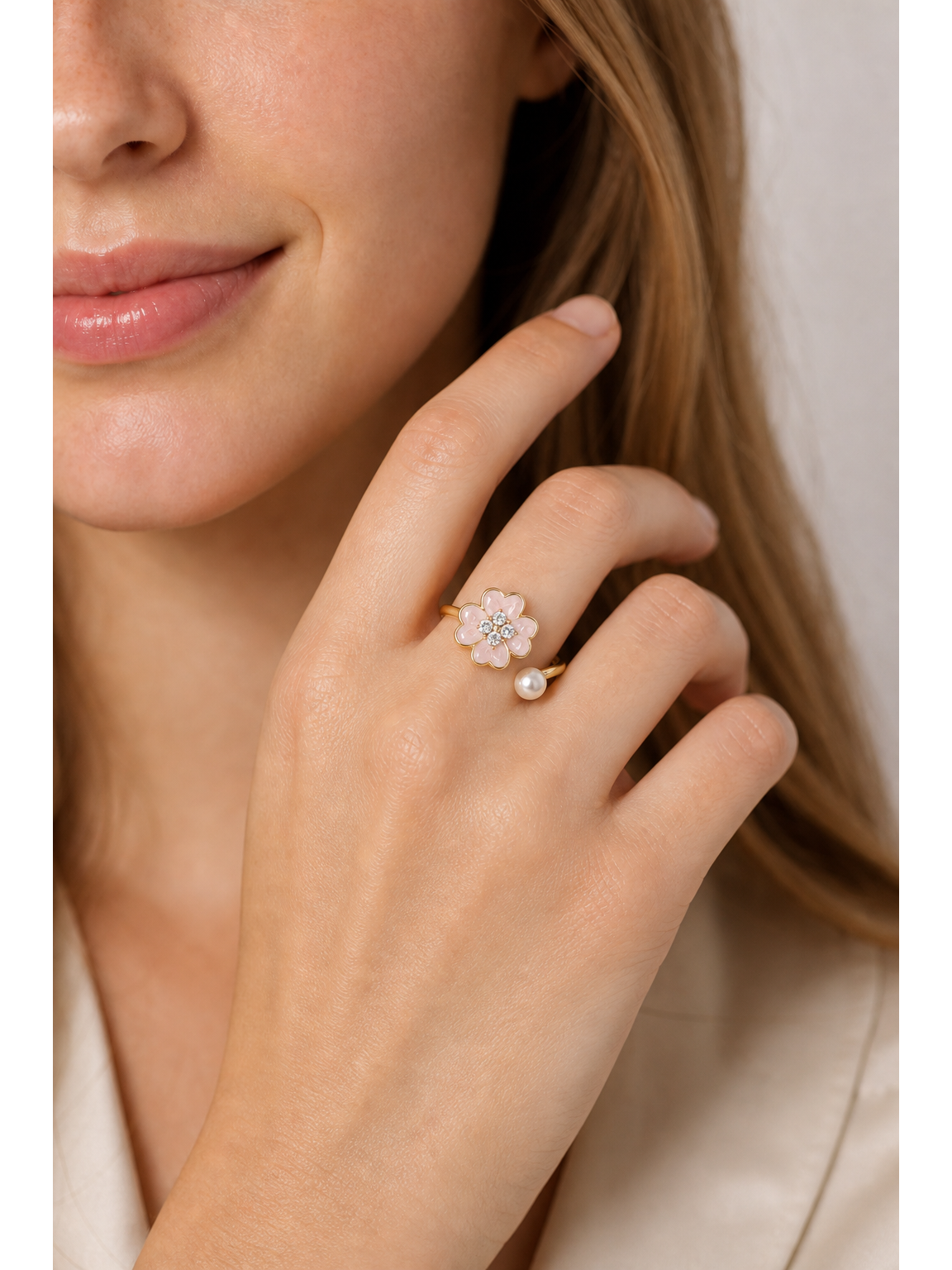 Gold Plated Pink Flower Open Ring with Pearl Accent 2