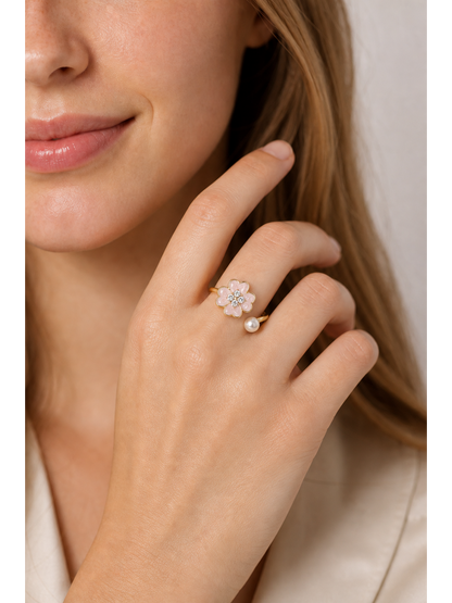Gold Plated Pink Flower Open Ring with Pearl Accent 2