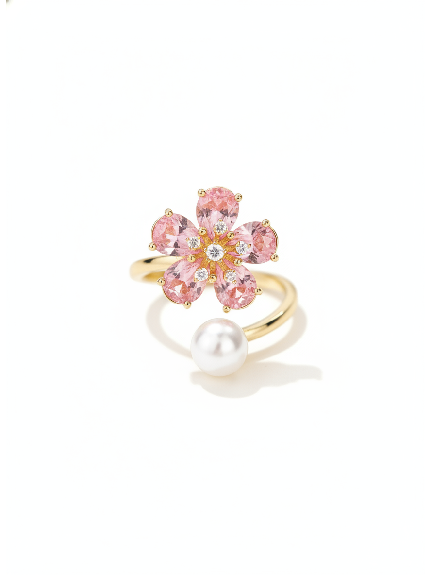 Gold Plated Pink Flower & Pearl Open Ring 1