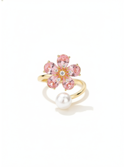 Gold Plated Pink Flower & Pearl Open Ring 1