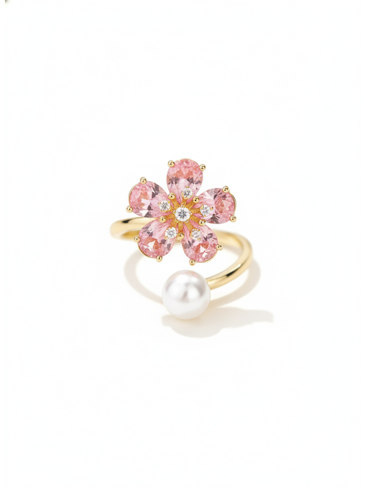 Gold Plated Pink Flower & Pearl Open Ring 1