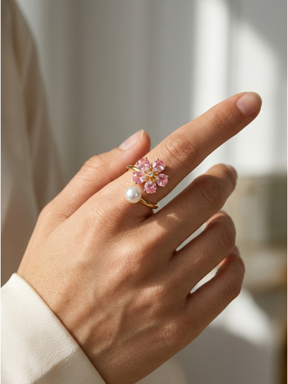 Gold Plated Pink Flower & Pearl Open Ring 2