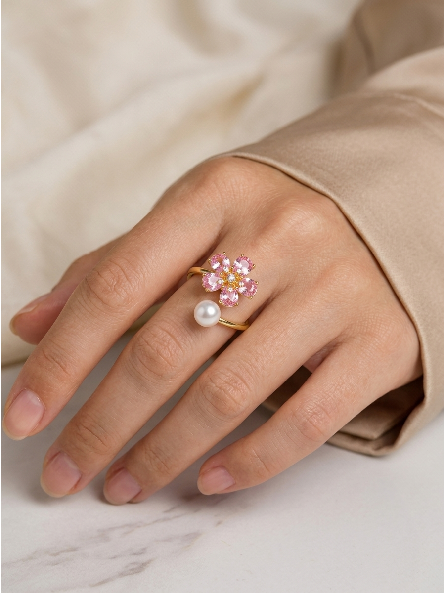 Gold Plated Pink Flower & Pearl Open Ring 3