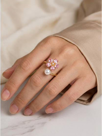 Gold Plated Pink Flower & Pearl Open Ring 3