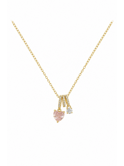 Gold Plated Pink Heart and Zircon Charm Necklace 1