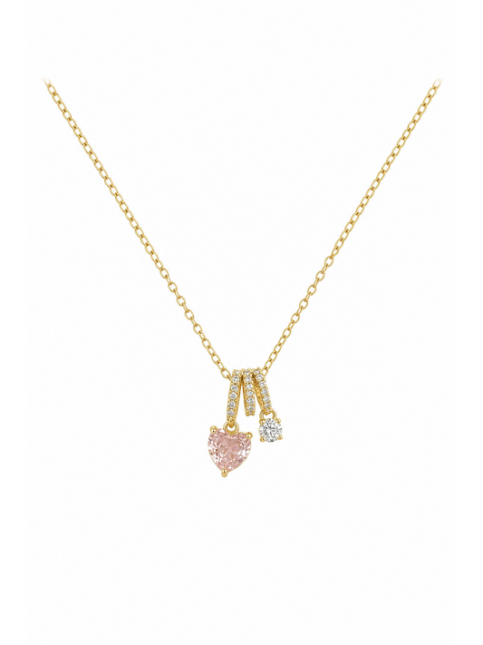 Gold Plated Pink Heart and Zircon Charm Necklace 1