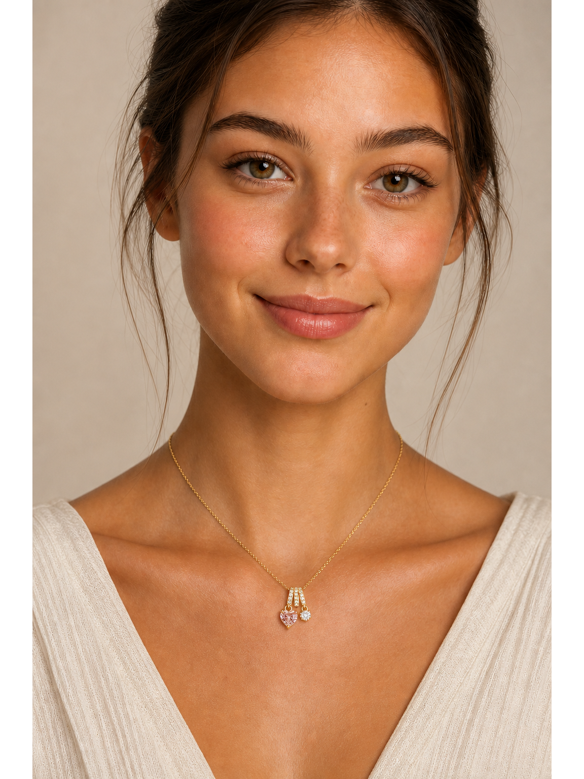 Gold Plated Pink Heart and Zircon Charm Necklace 2