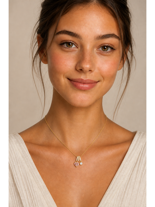 Gold Plated Pink Heart and Zircon Charm Necklace 2