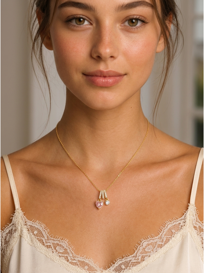 Gold Plated Pink Heart and Zircon Charm Necklace 3