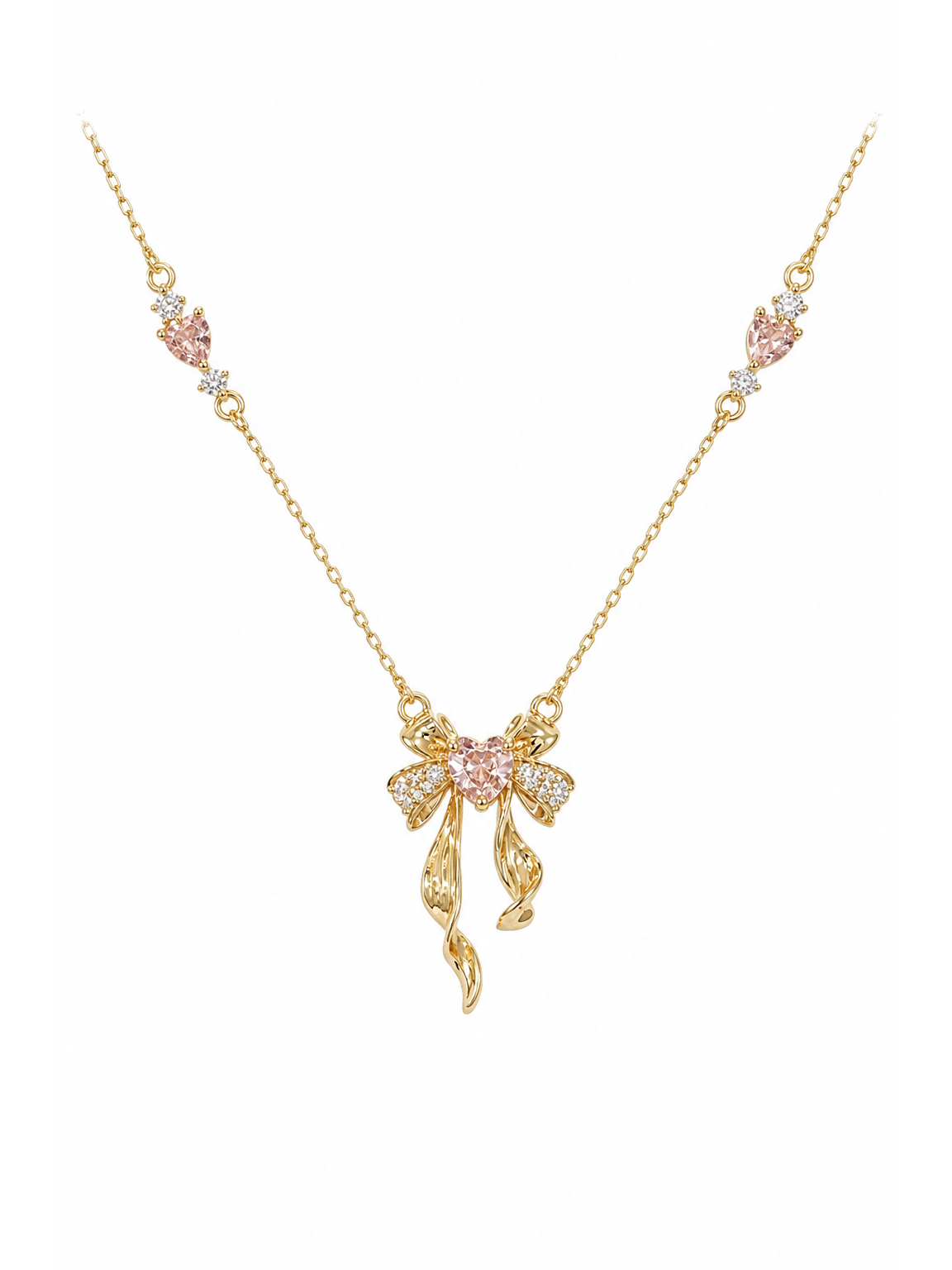 Gold Plated Pink Heart Bow Necklace 1