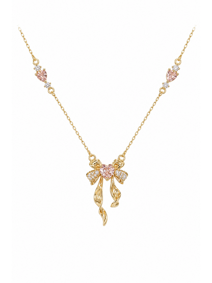 Gold Plated Pink Heart Bow Necklace 1