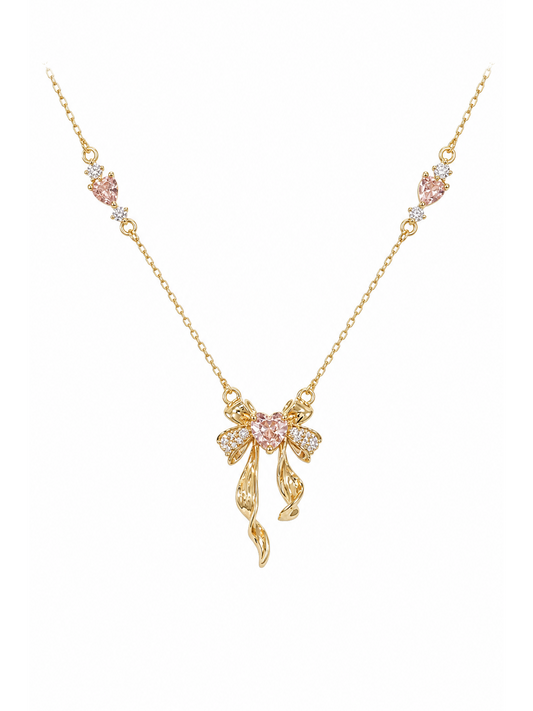 Gold Plated Pink Heart Bow Necklace 1