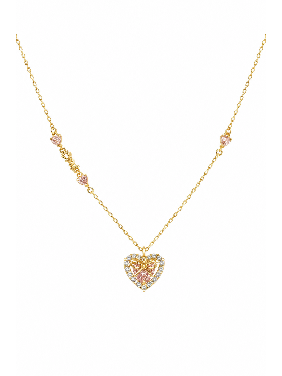 Gold Plated Pink Heart Bow Necklace 1