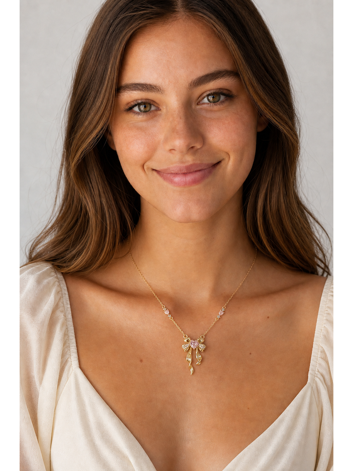Gold Plated Pink Heart Bow Necklace 2