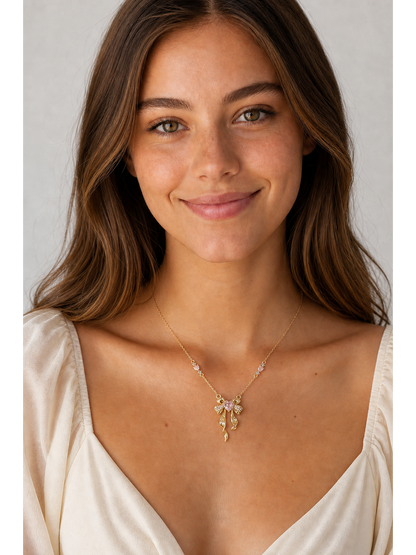 Gold Plated Pink Heart Bow Necklace 2