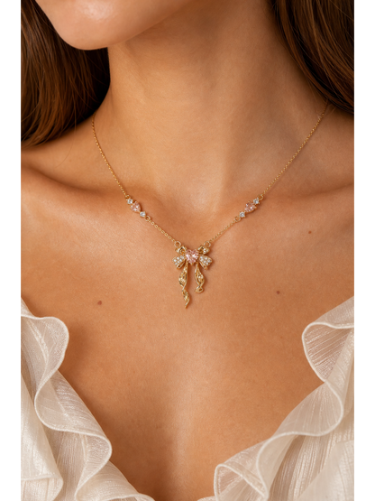 Gold Plated Pink Heart Bow Necklace 3