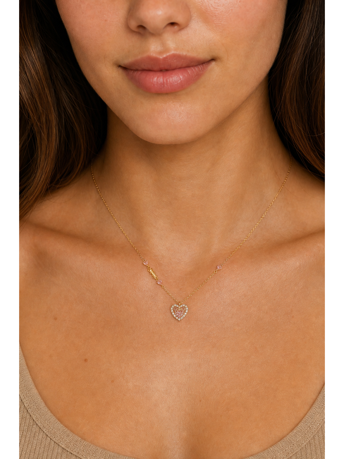Gold Plated Pink Heart Bow Necklace 3