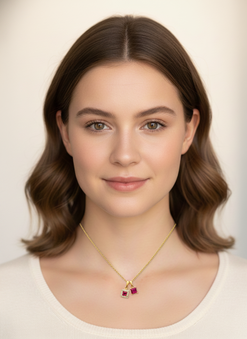 Gold Plated Necklace with Pink Square Pendants, 45cm 2