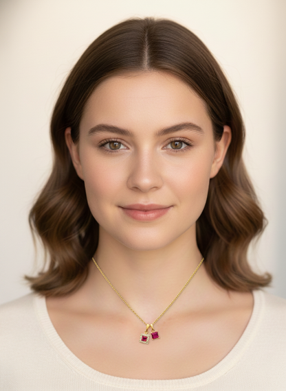 Gold Plated Necklace with Pink Square Pendants, 45cm 2