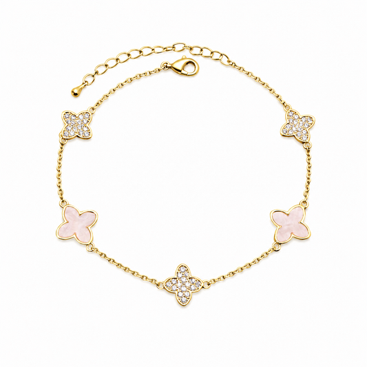 Gold Plated Pink Zirconia Clover Bracelet with Lobster Clasp 1