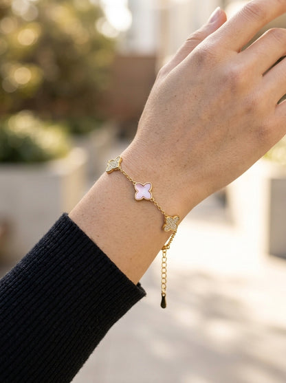Gold Plated Pink Zirconia Clover Bracelet with Lobster Clasp 3