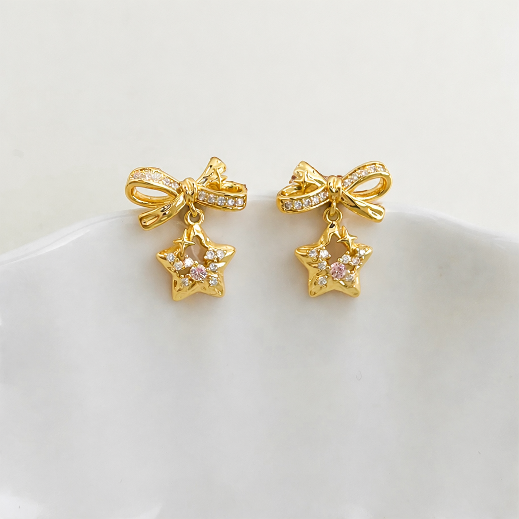 Star And Bow Drop Gold Plated with Sterling Silver Posts Earring 1