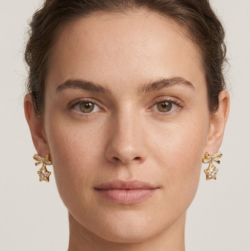 Star And Bow Drop Gold Plated with Sterling Silver Posts Earring 2