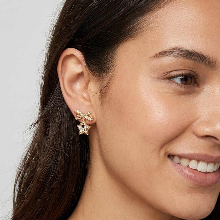 Star And Bow Drop Gold Plated with Sterling Silver Posts Earring 3