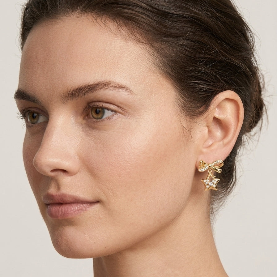 Star And Bow Drop Gold Plated with Sterling Silver Posts Earring 4