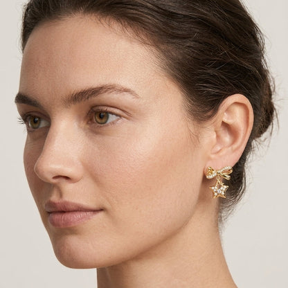 Star And Bow Drop Gold Plated with Sterling Silver Posts Earring 4