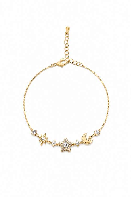 Gold Plated Star and Moon Bracelet with Zircon Accents