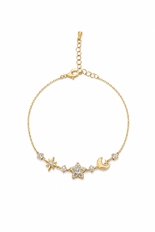 Gold Plated Star and Moon Bracelet with Zircon Accents 1