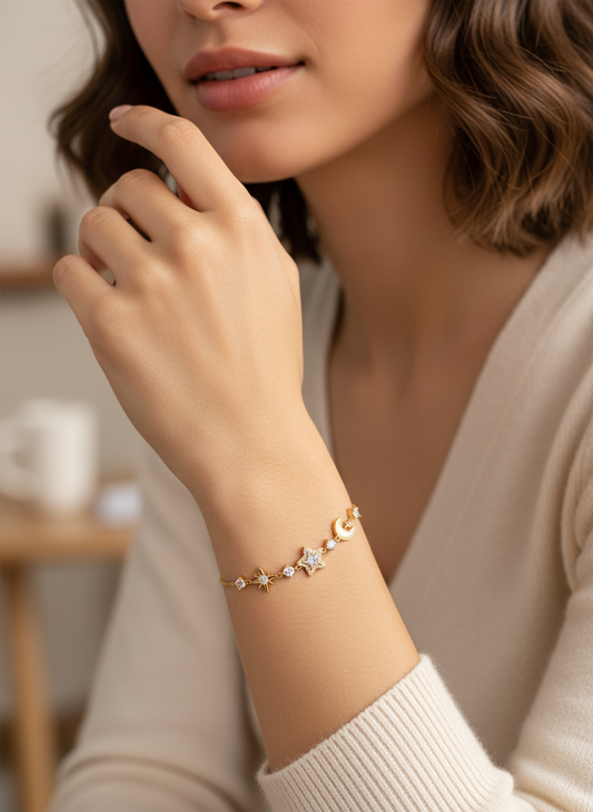 Gold Plated Star and Moon Bracelet with Zircon Accents 2