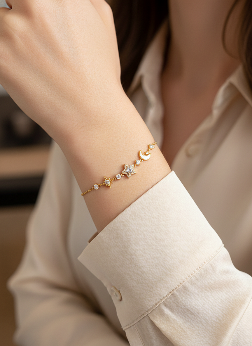 Gold Plated Star and Moon Bracelet with Zircon Accents 3