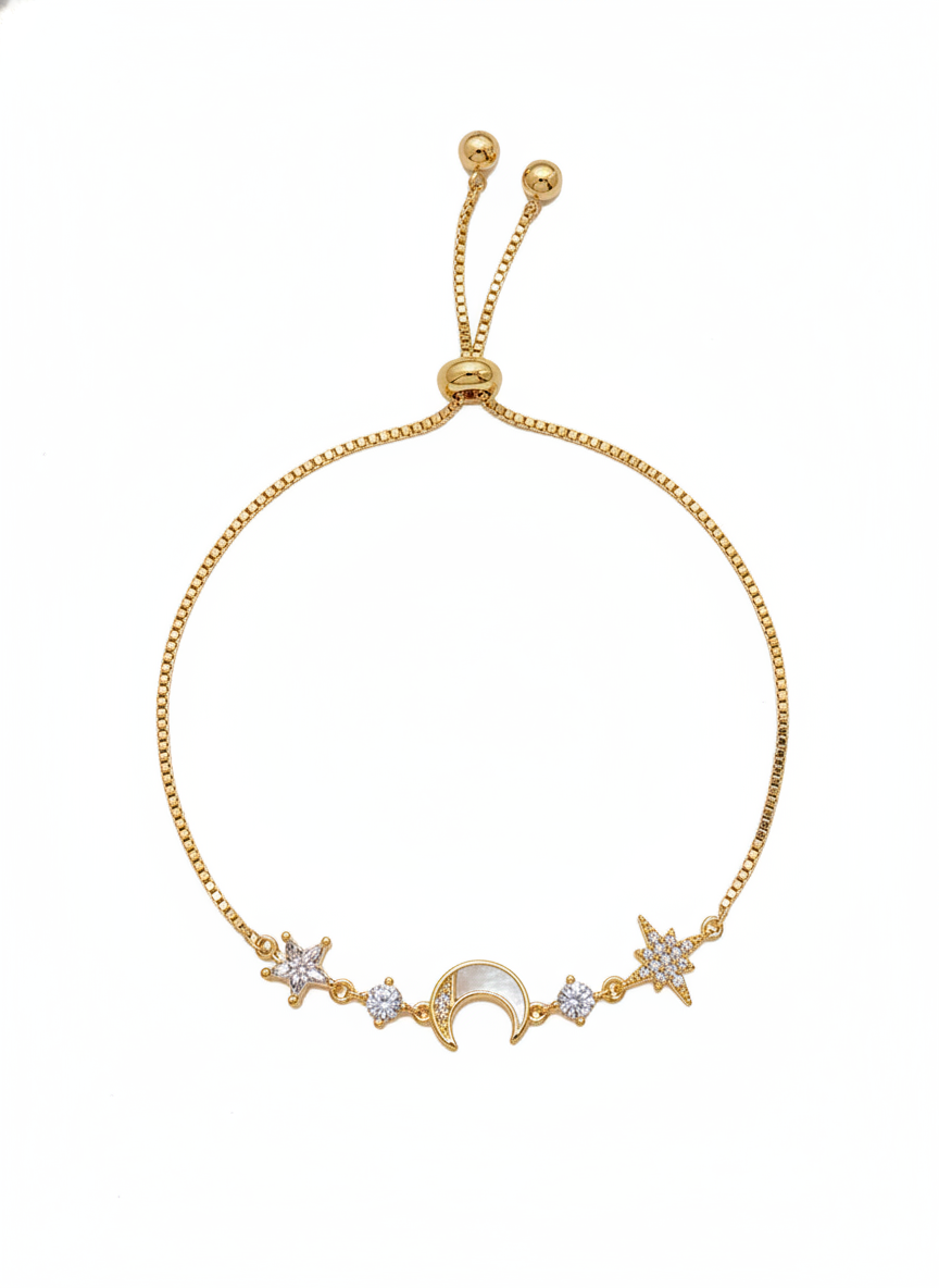 Gold Plated Star and Moon Adjustable Bracelet with Zircon Stones 1