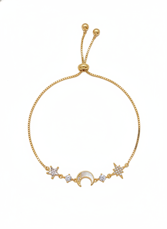 Gold Plated Star and Moon Adjustable Bracelet with Zircon Stones 1