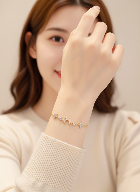 Gold Plated Star and Moon Adjustable Bracelet with Zircon Stones 2