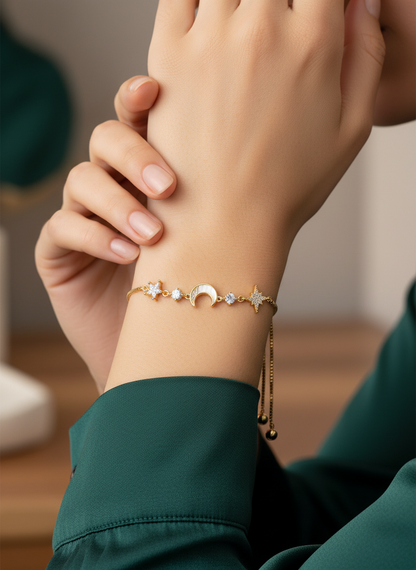 Gold Plated Star and Moon Adjustable Bracelet with Zircon Stones 3