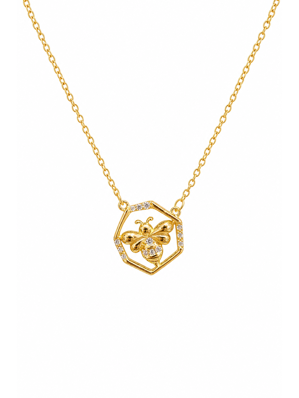 Gold Plated Sterling Silver Bee Hexagon Necklace 1